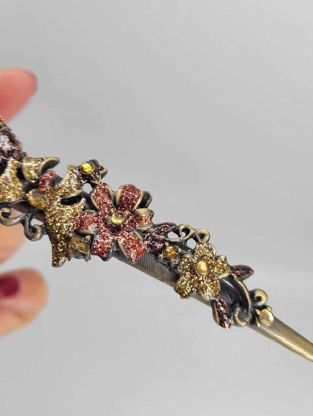 floral glitter design vintage style autumn hued hair barrette steampunk style